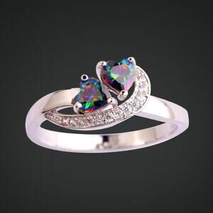 Simulated Rainbow Topaz Double Heart Ring Size 7